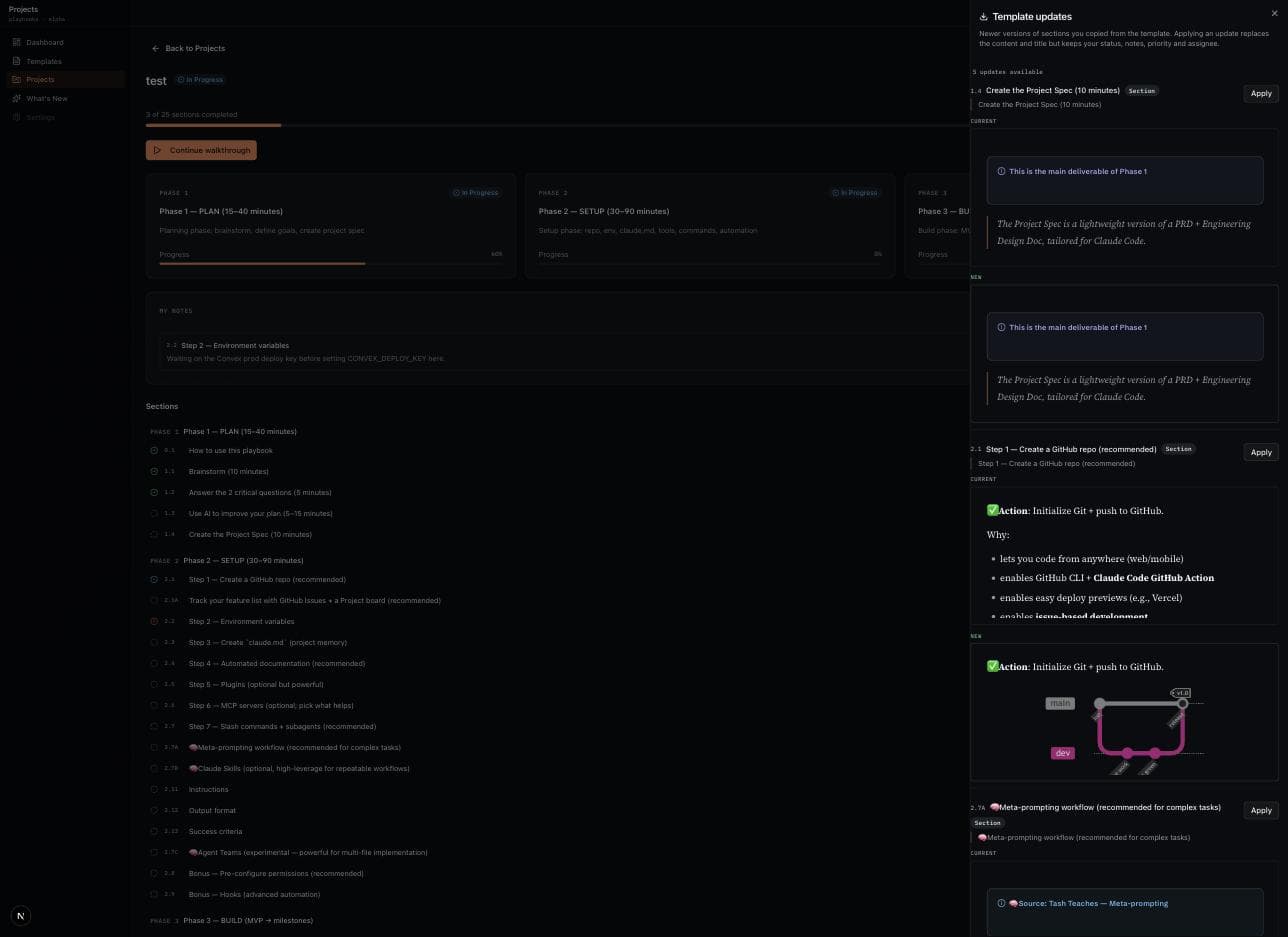Updates panel showing a per-section old-versus-new content preview with apply controls