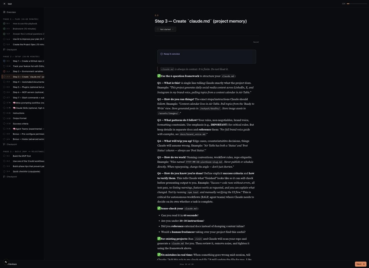 The walkthrough step canvas in the running app: journey rail on the left, the current section's content in the middle, progress and section status visible